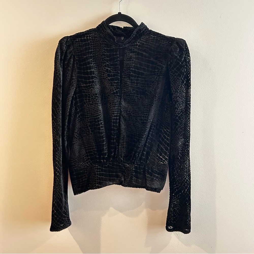Frame Denim Velvet Burnout Long Sleeve Black Top, Size M, crocodile/sheer/party